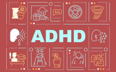 Ilustracija sa natpisom ADHD i sličicama koje detaljnije ilustruju ovu dijagnozu.
