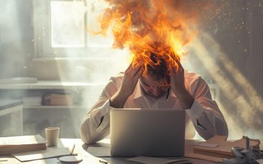 Čovek sa burnout sindromom sedi zapaljene glave u kancelariji.