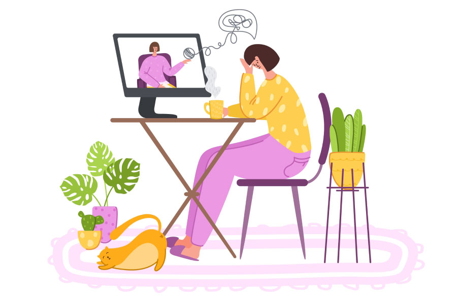 Ilustracija online psihoterapije od kuće.