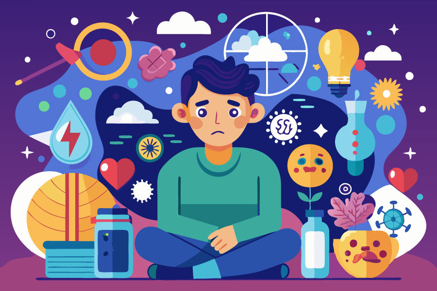 Ilustracija dečaka sa ADHD i svim mislima koje mu prolaze kroz glavu.