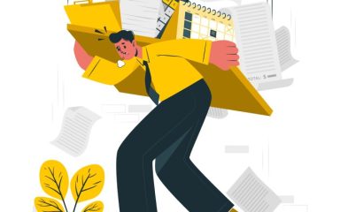Ilustracija čoveka u žutom odelu koji je pretrpan obavezama.