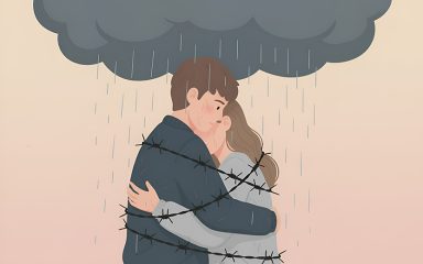 Ilustracija partnera koji su zagrljeni i zavezani bodljikavom žicom. Iznad njih je kišni oblak.
