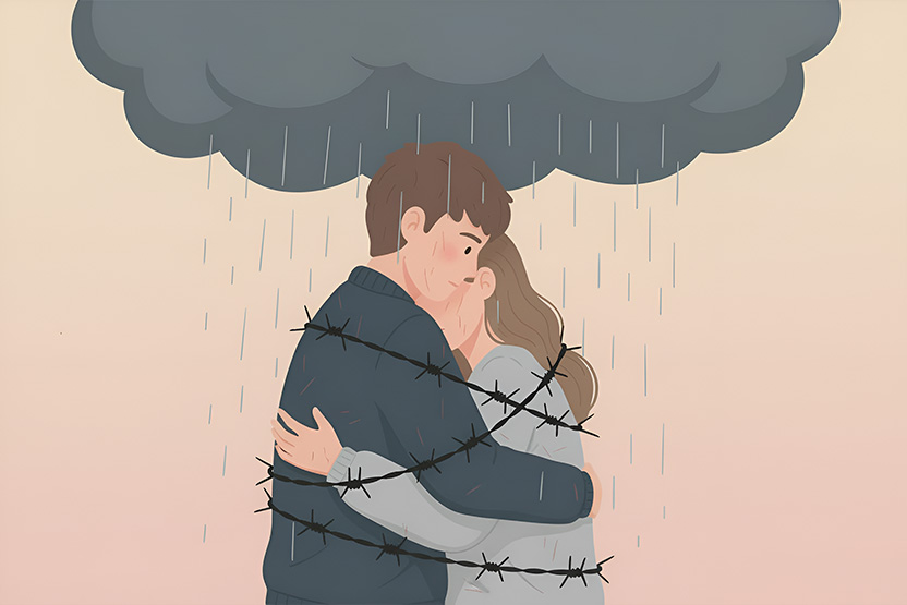Ilustracija partnera koji su zagrljeni i zavezani bodljikavom žicom. Iznad njih je kišni oblak.