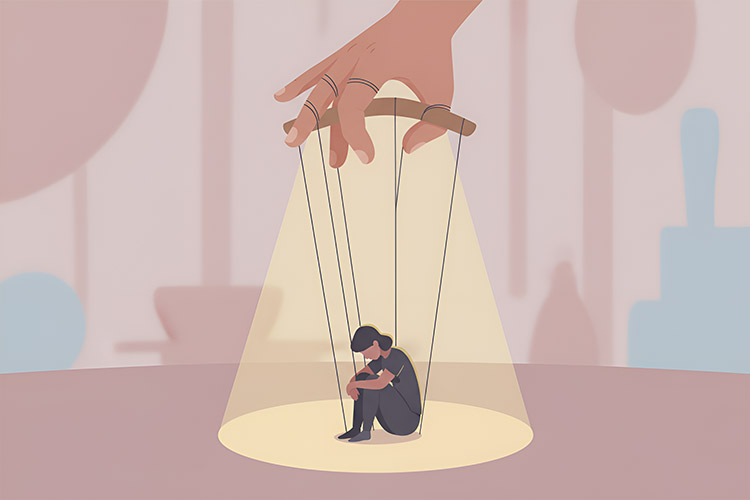 Ilustracija manipulacije nad partnerkom koja je kao pozorišna lutkica.