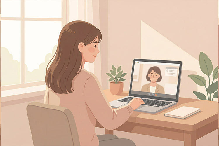 Ilustracija devojke na online psihoterapiji.